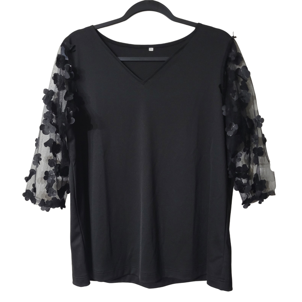 Elegant Black Floral Sheer Sleeve Women's Top Size XL
